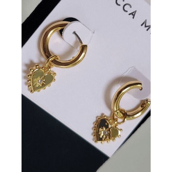 ❤️✨ REBECCA MINKOFF Gold Metal Studded Heart Huggie Hoop Earrings NEW WITH TAGS - Picture 12 of 16
